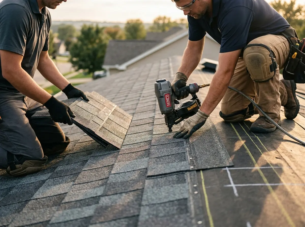 Professional roofer working on a residential roof in San Ramon